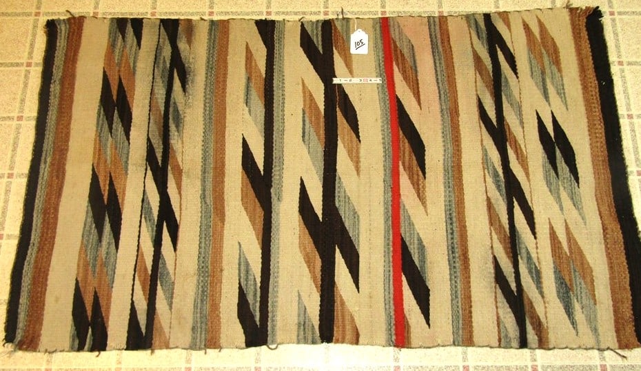Textile: Navajo textile, 57 x 35", frayed edge wear from use, good condition