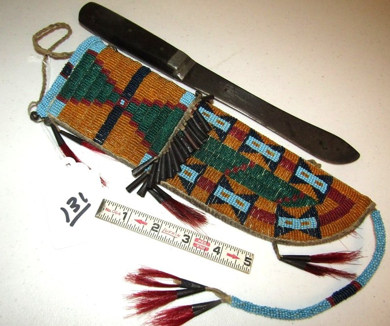 Knife case: Cheyenne full beaded 11" plus long bead tassel with knife, cones,horsehair,sinew sewn,excellent condition