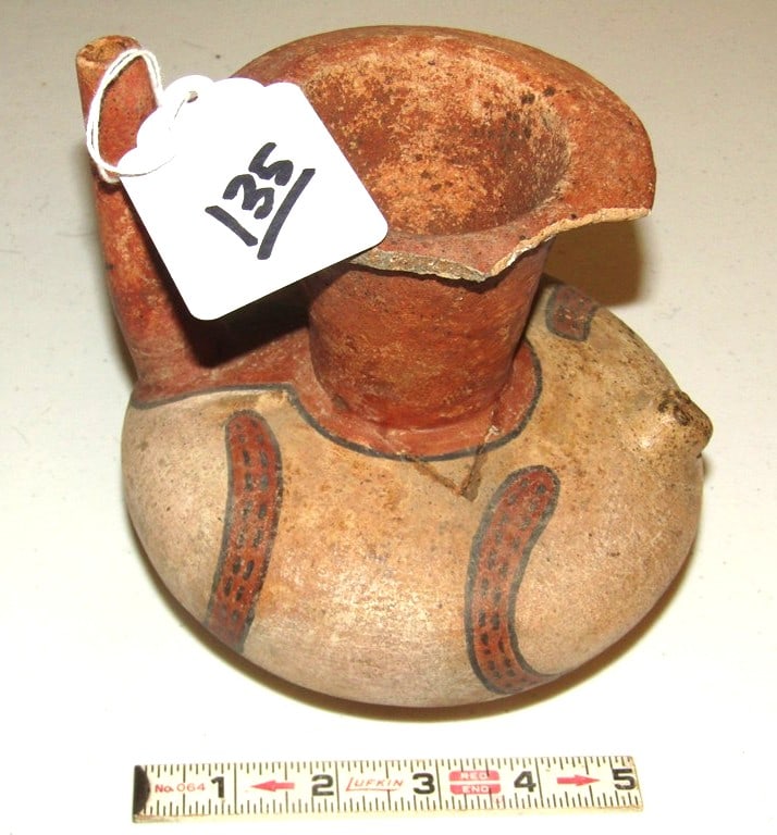 Pot: Quapaw painted animal effigy pot, broken rim, 6" x 6", Lamp collection