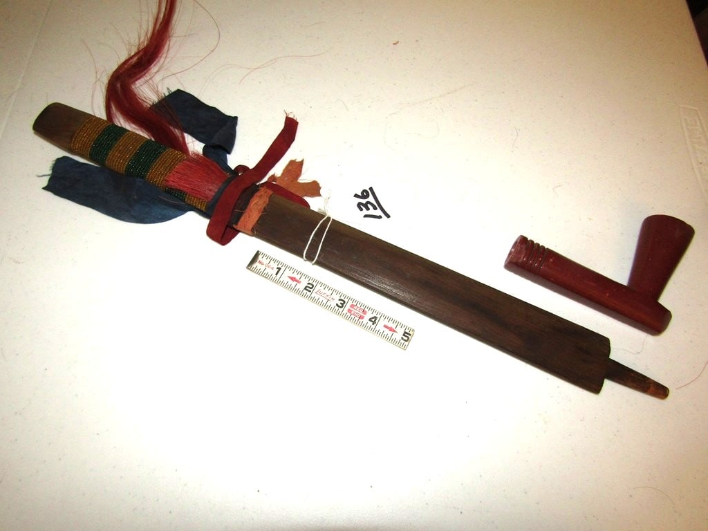 Pipe: Sioux 23" with 5" catlinite pipe bowl, bead stem with horsehair, ribbons, good contion, Beranek collection