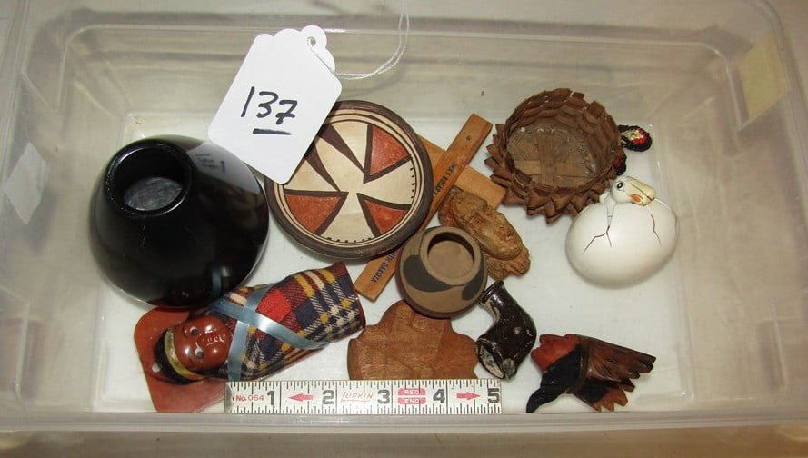 12 pc misx: Plastic container wit 12 pc misc items including blackware pottery jar,