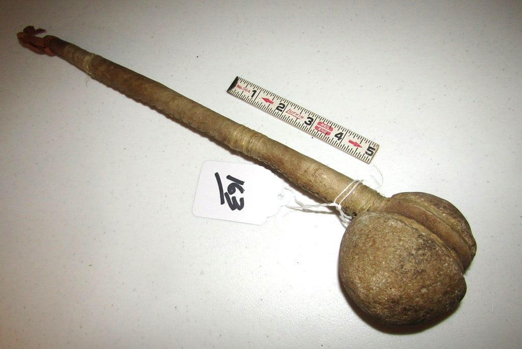 Club: Plains 15" stone club with 3" stone, sinew sewn hide handle, good condition, Beranek collectio