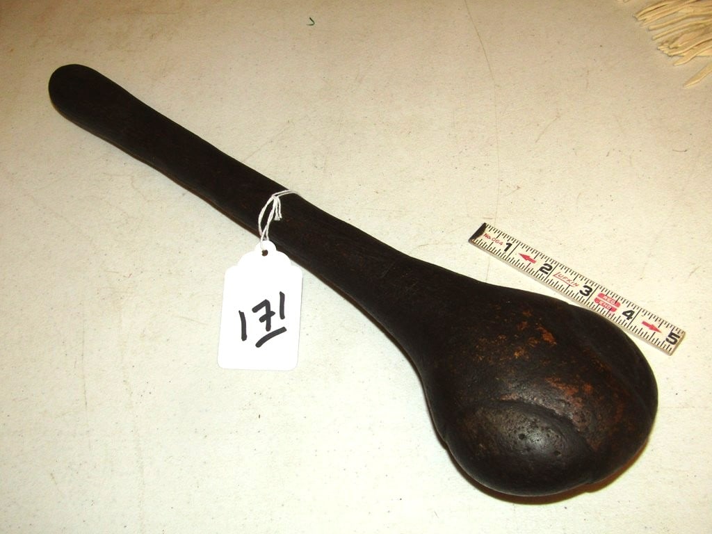 Club: Large 17 1/2" hide dark covered stone head club, good condition, Beranek collection