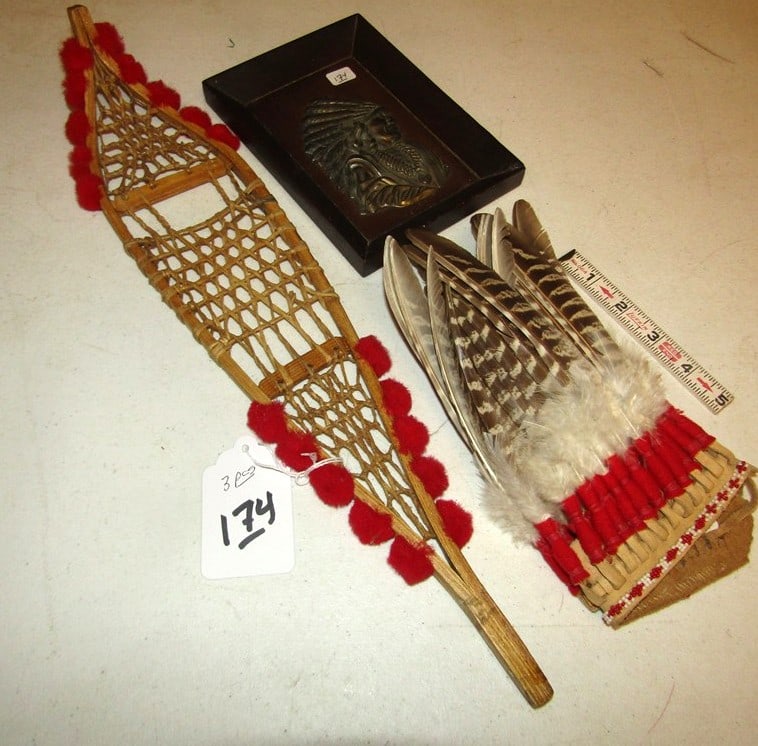 3 pc misc: 3 pc misc including 18" child's snowshoe, childs headdress and Indian chief plaque, good condition