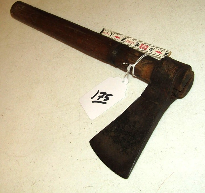Axe: 15" wood handled axe, wire wrap, 6" iron axe head, marked S & unreadable with etched triangle, Beranek collection