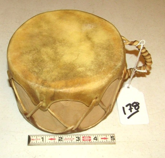 Drum: Rawhide covered wood drum with handle, 6" x 6", Lamp collection, good condition, Lamp collecton
