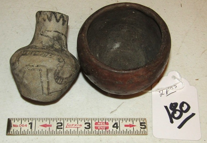 2 pc pottery: 2 pc small Southwest pottery including snake painted 3" bottle and 3 1/2" bowl, both good condition, Lamp collection