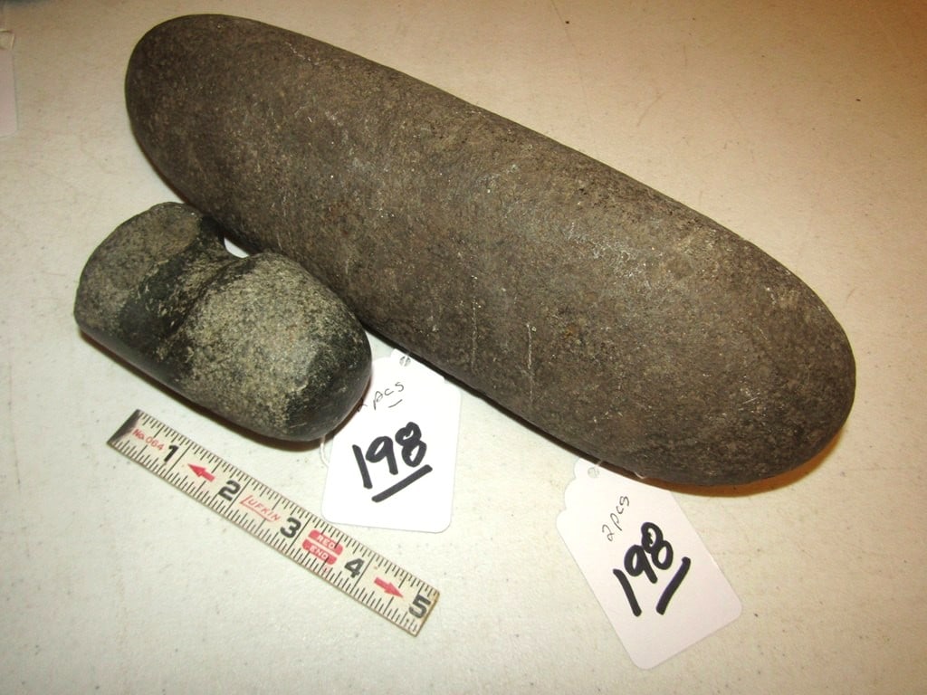 Pestle/Maul: Large 12" stone roller pestle, marked BW, and 4" 3/4 groove hammer/maul, not examined for coa