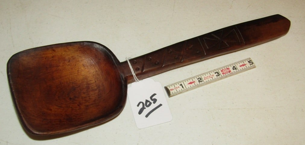 Ladle: 15" carvee wood ladle with engraving, Beranek collection, good condition