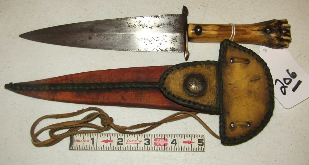 Knife case: 11" bone knife with painted stiff hide sheath, authentic silver button, Beranek collection, good condition