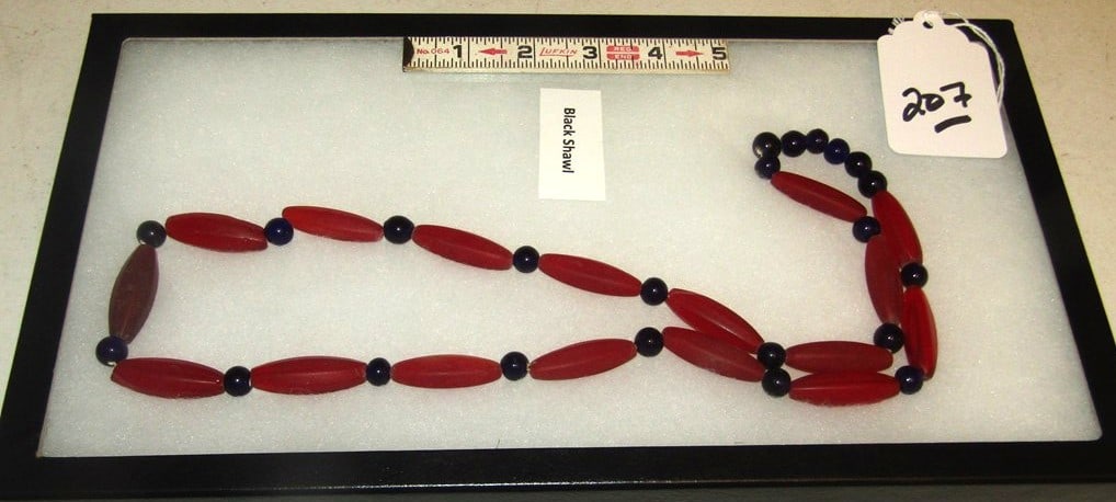 Necklace: Display with colorful bead necklace and Black Shawl, Beranek collection, good condition
