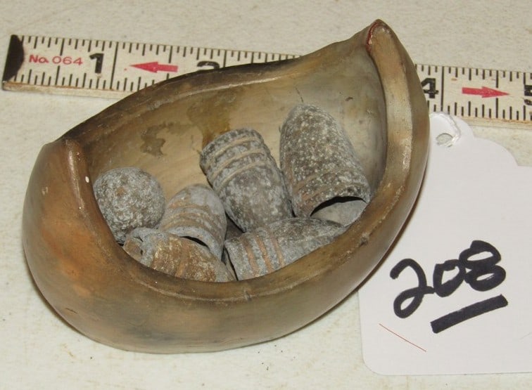 Boat/bullets: 3 3/4" pottery boat with 6 Civil War bullets, Idaho collection, good condition
