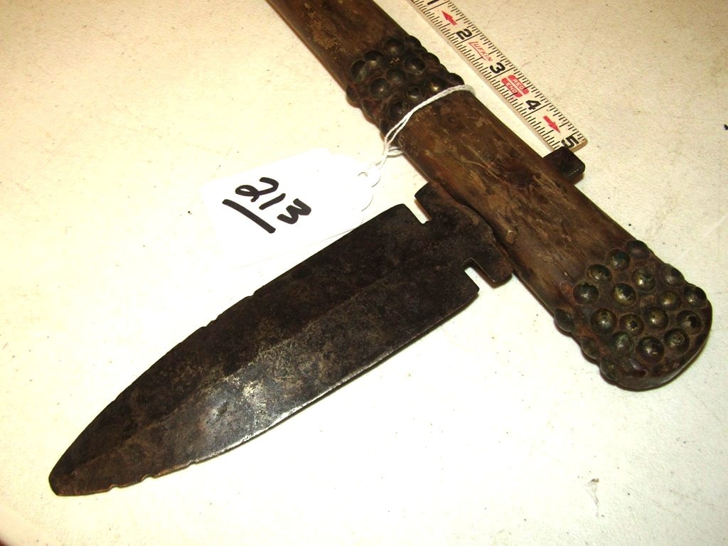 War club: Plains 23" war club with 9" metal spear head, square tack designed, quilled tassels, lots of petina, Beranek collection, good condition