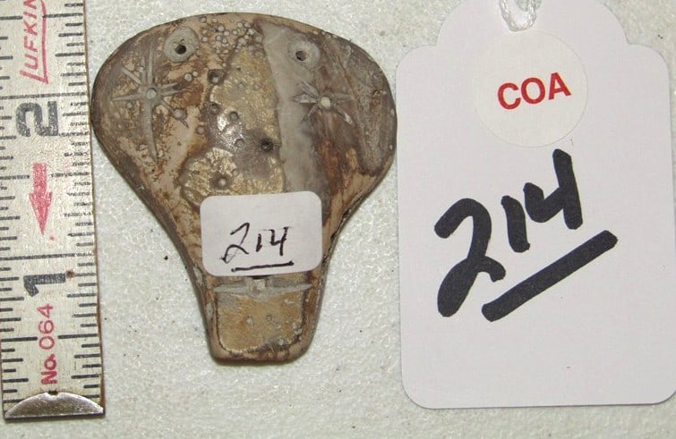 Mask COA: Indiana Midwest coa 2 1/8" engraved shell mask, engraved, good condition