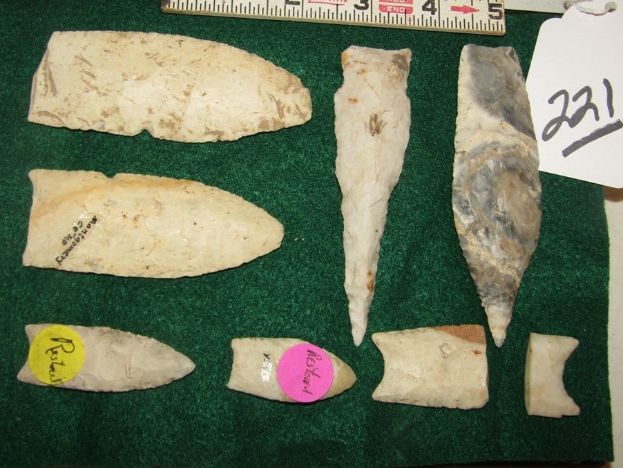 7 points: Display with 7 various points, 2 marked restored, largest is 4 1/4", not examined for coa