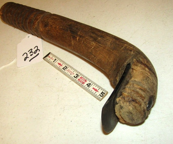 Hide scraper: Plains 13" wood carved hide scraper wiith metal scraper, Beranek collection, good condition