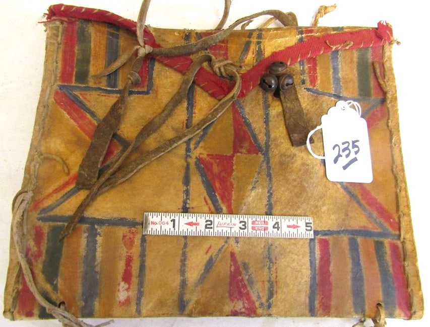 Parfletch: 12 x 12" painted parfletche case with hide ties, bell decorated, Beranek collection
