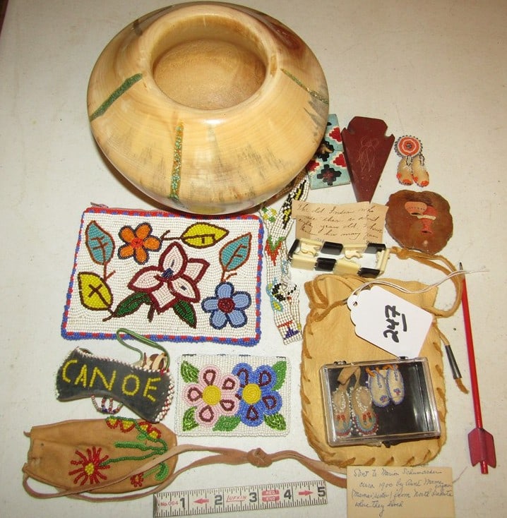 Misc items: Box with carved wood bowl, numerous misc bead items etc