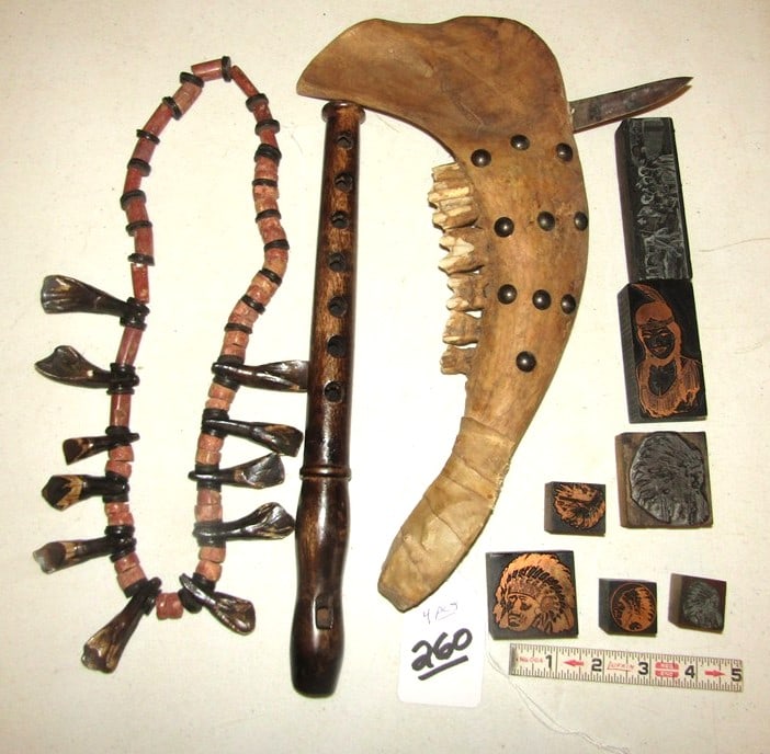 4 pc misc: 4 pc misc including wood flure, wooden stamps, neckace and club