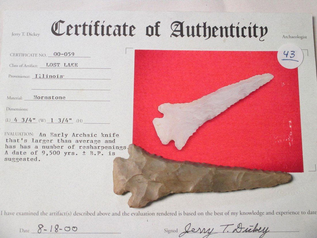 Lost Lake point: 4 3/4" Lost Lake flint point, Illinois, Dickey Certificate of Authenticity