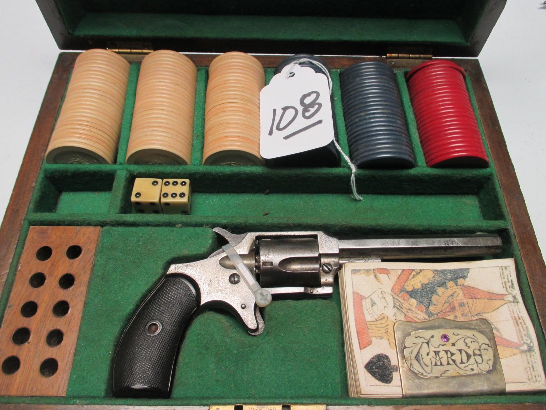 Gamblers set: 1800's gamblers box kit with pistol marked Premier, chips, cards, dice, original box