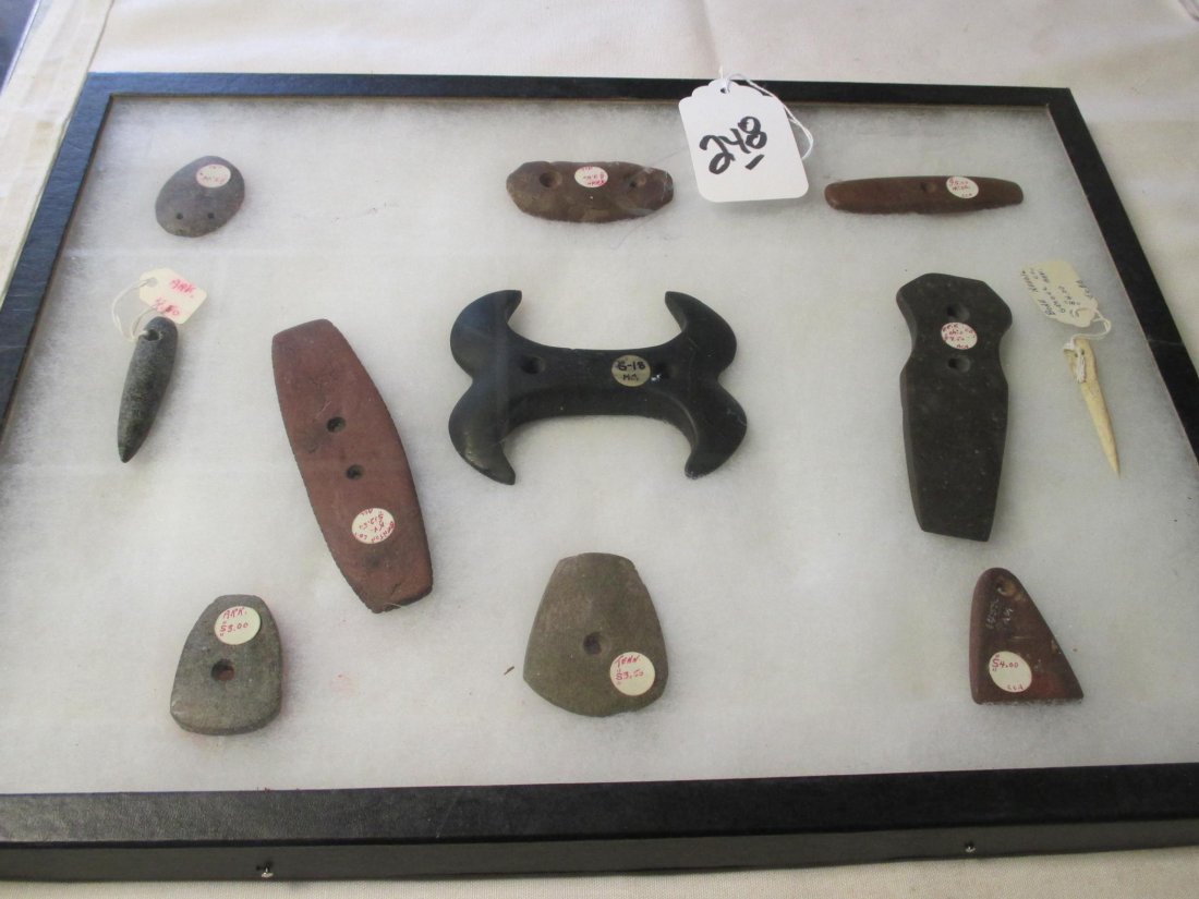 11 pc. misc.: Frame with 11 pc. mixed misc. gorgets, pendants etc.,