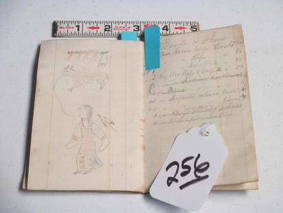 Ledger book/Indian drawings: Small 5" old ledger book with 7 various hand colored Indian subject drawings