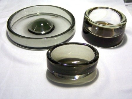 2 Holmegaard & 1 Orrefors Circular Smoky Glass Bow: Heavy base, initialled Per Lutken #7119; Orrefors signed to base Nils Landberg.