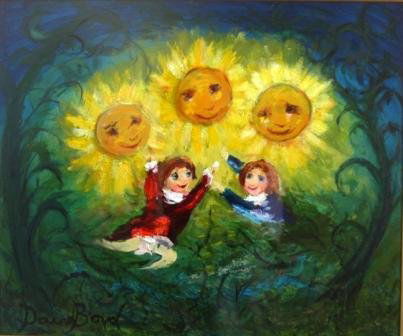 BOYD, David (b.1924) Fruit Children & Sunflowers: BOYD, David (b.1924) Fruit Children & Sunflowers Oil on Board 36x44cm