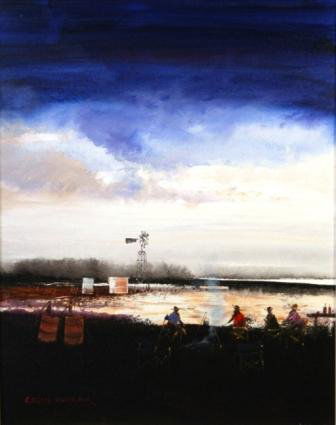 PARKER, Colin (b.1941) "The Windmill Camp": PARKER, Colin (b.1941) "The Windmill Camp" Oil on Canvas 49x39cm