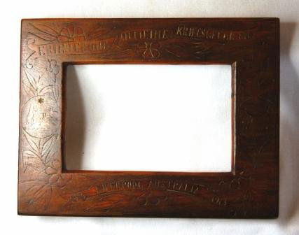 Australian WWI Internee Hand Carved Timber Picture: Australian WWI Internee Hand Carved Timber Picture Frame. Inscribed 'Liverpool - Australia, 1917-18…Erinnerung an Meine Kriegsgefangens.' Also carved with Australian Coat of Arms, flora & Imperial E