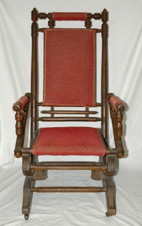 Early Dexter Rocking Chair. Original maroon uphol - 2