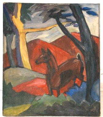European School Deer in Red Landscape. Inscribed
