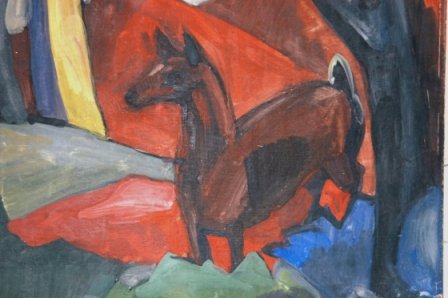 European School Deer in Red Landscape. Inscribed - 3