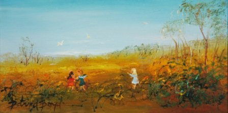 BOYD, David (b.1924) "Children in a Landscape,": BOYD, David (b.1924) "Children in a Landscape," c.1970's. Oil on Board 15x30cm