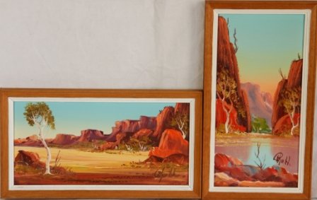 GUTH, Henk (b.1921) (2) "Part of the Mac Donnell: GUTH, Henk (b.1921) (2) "Part of the Mac Donnell Ranges, West of Alice Springs;" & "Simpson's Gap." Oil on Board 14x29cm & 29.5x14cm