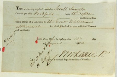 1852 Convict Warrant for Conveyance to Hospital.: 1852 Convict Warrant for Conveyance to Hospital. Signed Captain John McLEAN, Superintendant of Convicts, NSW, 1852. Warrant for conveying convict Joseph SMEATON to Invalid Depot at Parramatta per ship