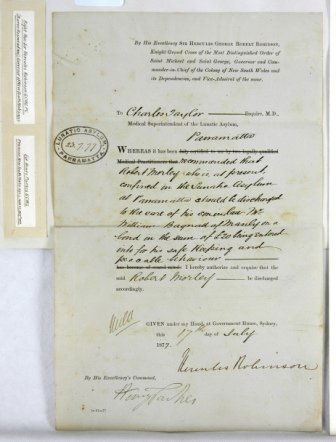 1877 Lunatic Discharge Certificate. Signed Hercul: 1877 Lunatic Discharge Certificate. Signed Hercules ROBINSON, NSW Governor & dated July 1877 discharge certificate for Charles TAYLOR put into the care of his son in law for a 20 Pound bond, from Parr