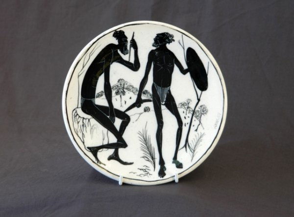 John HOWLEY/Arthur Merric BOYD Plaque. Two aborigin: John HOWLEY/Arthur Merric BOYD Plaque. Two aboriginal warriors in landscape. Signed Howley to front. Dia 22.5cm