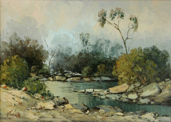 JOSEPH, Fay (b.1939) 'Coal & Candle Creek,' 1982.: JOSEPH, Fay (b.1939) 'Coal & Candle Creek,' 1982. Oil on Canvas on Board 24.5x34.5cm