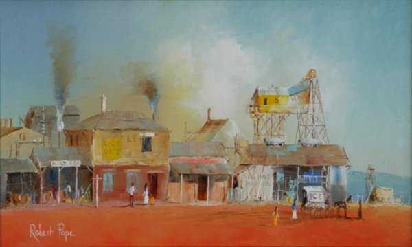 POPE, Robert David (b.1939) 'The Ice Cart, Kalgoo: POPE, Robert David (b.1939) 'The Ice Cart, Kalgoolie.' Oil on Tasmanian Oak Panel 14x24cm