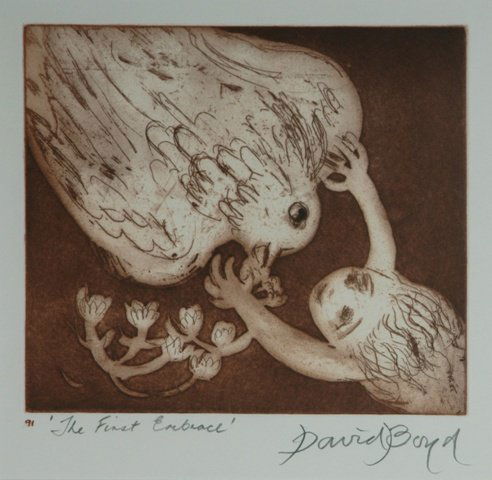 BOYD, David (b.1924) 'The First Embrace' Sepia Et: BOYD, David (b.1924) 'The First Embrace' Sepia Etching 91/120 19.5x22.5cm