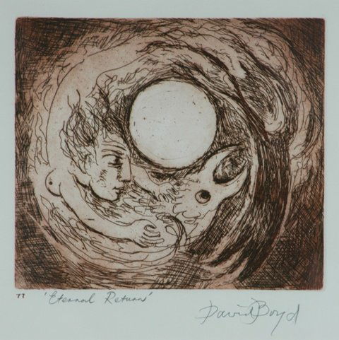 BOYD, David (b.1924) 'Eternal Return' Sepia Etchi: BOYD, David (b.1924) 'Eternal Return' Sepia Etching 77/120 23x23cm