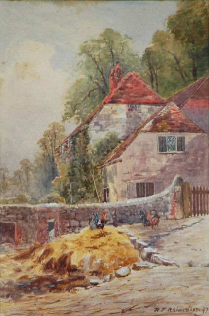 RICHARDSON, R E English Cottage with Rooster and: RICHARDSON, R E English Cottage with Rooster and Hens, 1897. W/Clr 34x29cm