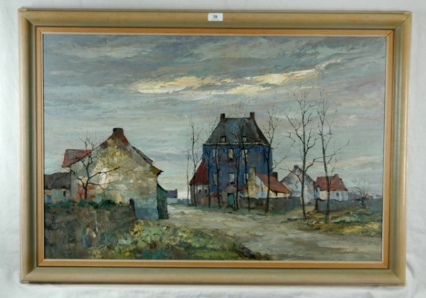 LAMEKE, V Blue House, Belgium. Oil on Board 23x90 - 2