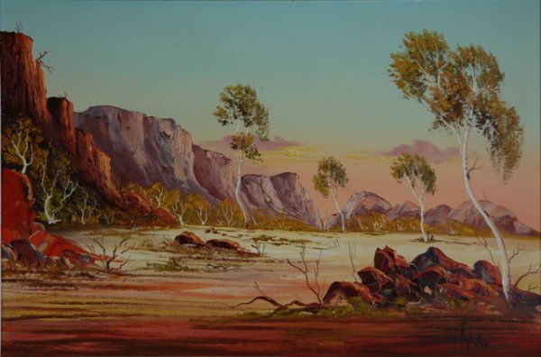 GUTH, Henk (b.1921) Central Australian Landscape O: GUTH, Henk (b.1921) Central Australian Landscape Oil on Board 49x74cm
