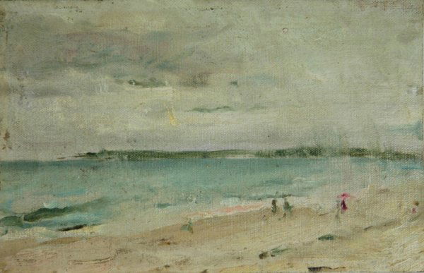 Australian School Melbourne? Beach Scene with Fi: Australian School Melbourne? Beach Scene with Figures. Cut out unidentified catalogue entry verso: '789. Oil sketch around Bay. Purchased. Tom Roberts' Collection.' Oil on Canvas on Card 15x24cm