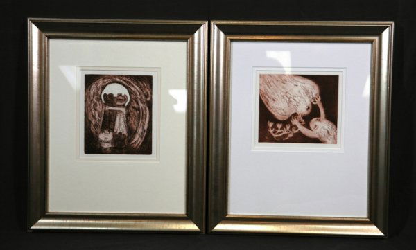 BOYD, David (b.1924) (2) Girl with Dove; & Castle.: BOYD, David (b.1924) (2) Girl with Dove; & Castle. Sepia Etchings (2) 22.5x19cm & 19x22cm