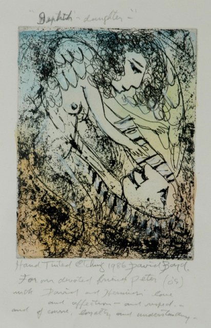 BOYD, David (b.1924) 'Death & Laughter,' 1986. Wi: BOYD, David (b.1924) 'Death & Laughter,' 1986. With personal pencil inscription. Hand Tinted Etching 21x16 cm