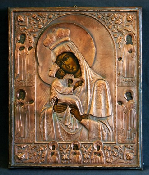19th C Russian Icon. Mother of Christ, surrounded: 19th C Russian Icon. Mother of Christ, surrounded by 7 saints with copper overlay. 27x22.5cm Tempera on Wood Panel